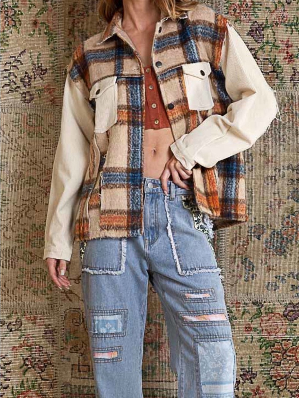 POL Collared Button Down Plaid Shacket, Contrast Sleeve,  Frayed Edge Detail - Picture 2 of 3